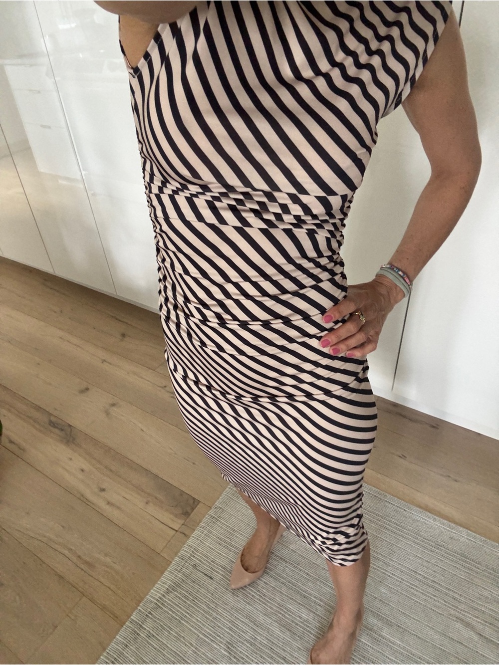 H&M Beige and Black Striped Ruched Bodycon Dress